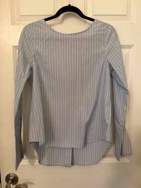 Frame Denim Blue and White Pinstripe Scoop-Neck Button Down